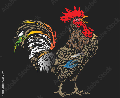 rooster line art farmer vector illustration.