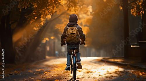 A child boy riding a bicycle goes to school in the morning