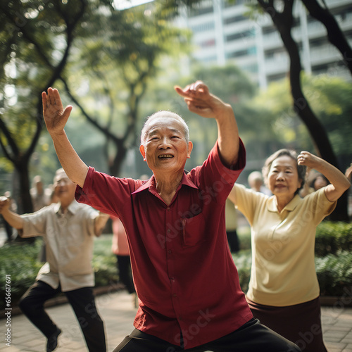 Elderly Chinese senior men and women doing exercises outdoors in the park. AI generated