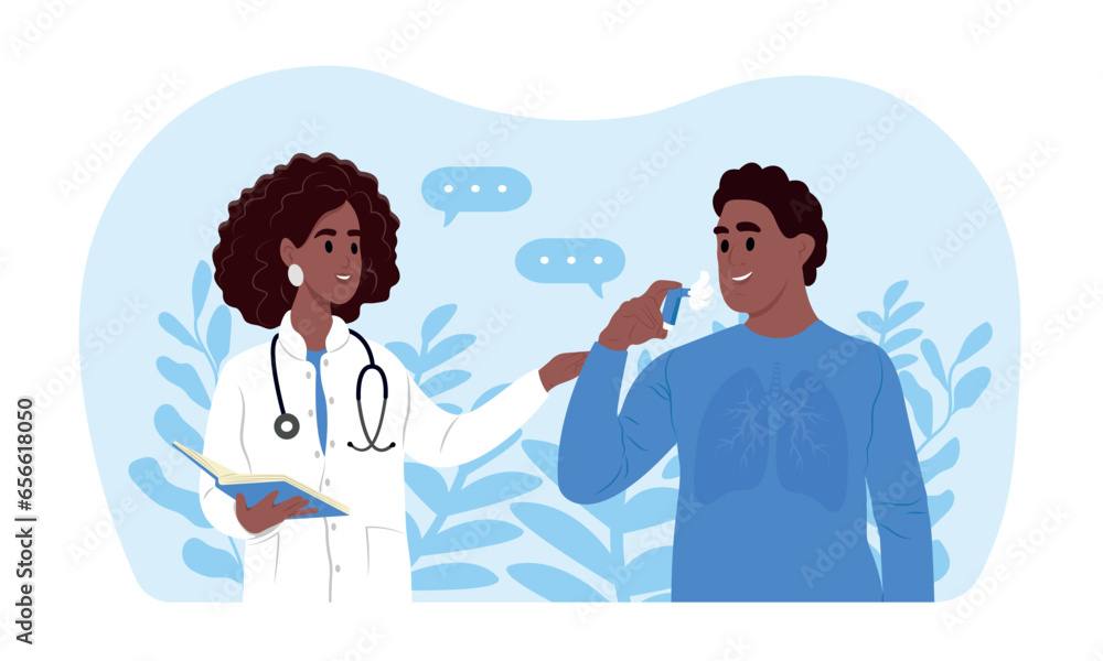 Bronchial asthma. A doctor tells his patient how to use an inhaler