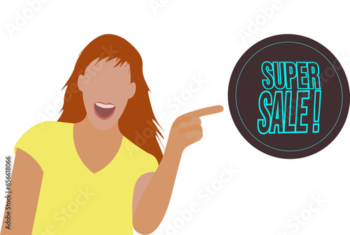 super sale. rebajas. mujer señalando un cartel de rebajas. chica eufórica por los descuentos, sin fondo, fondo transparente