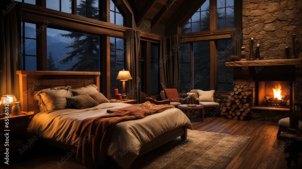 A wooden bedroom with a fireplace. A wooden bedroom with a fireplace.