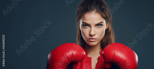 Confident sportswoman, boxer fighter wearing red boxing gloves, professional competition success posture, punching ready to fight, conflict and fight business, sports fight knockout concept
