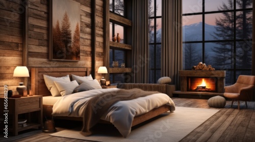 A wooden bedroom with a fireplace.