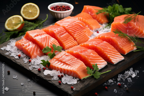 Pieces of red salmon or sockeye salmon or coho salmon. Salted fish with spices and lemon on a cutting board.