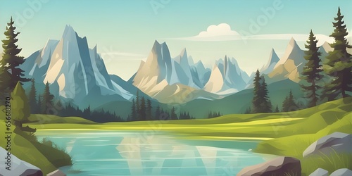 landscape with lake and mountains and clouds with blue sky and green scenery, vector illustration