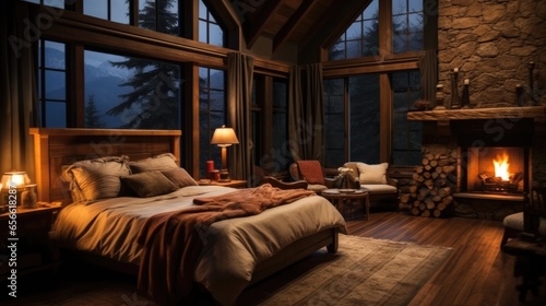 A wooden bedroom with a fireplace.