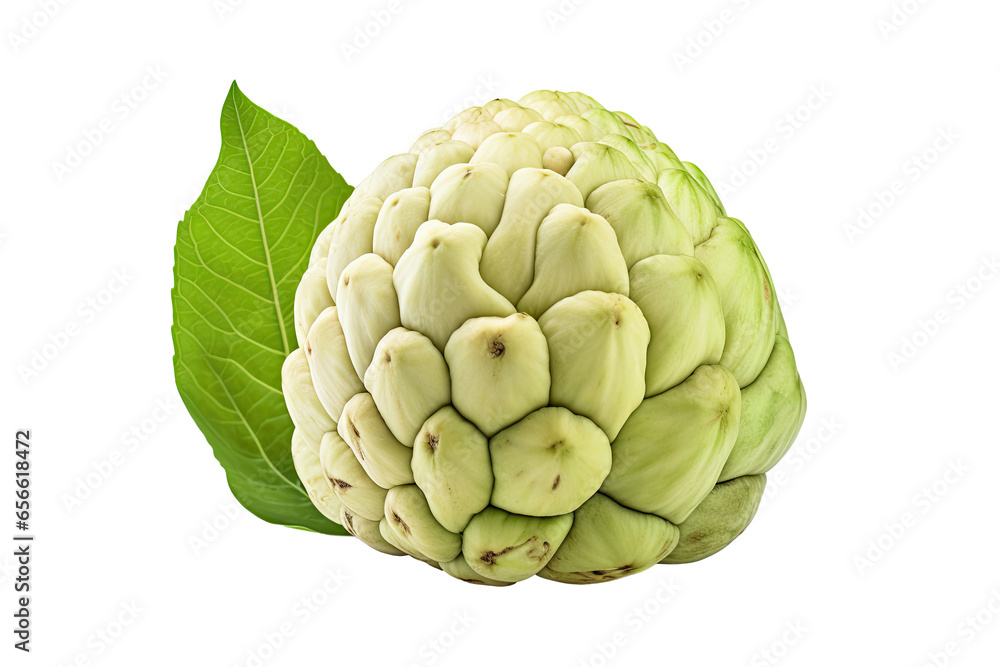 Fototapeta premium Ripe Custard Apple with green leaves isolated on transparent background, ripe tropical natural fruit concept, Healthy food with high of vitamin and minerals. Freshness of juicy fruit.