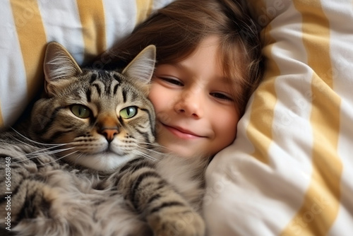 Adorable child hugging kitten in the bed.