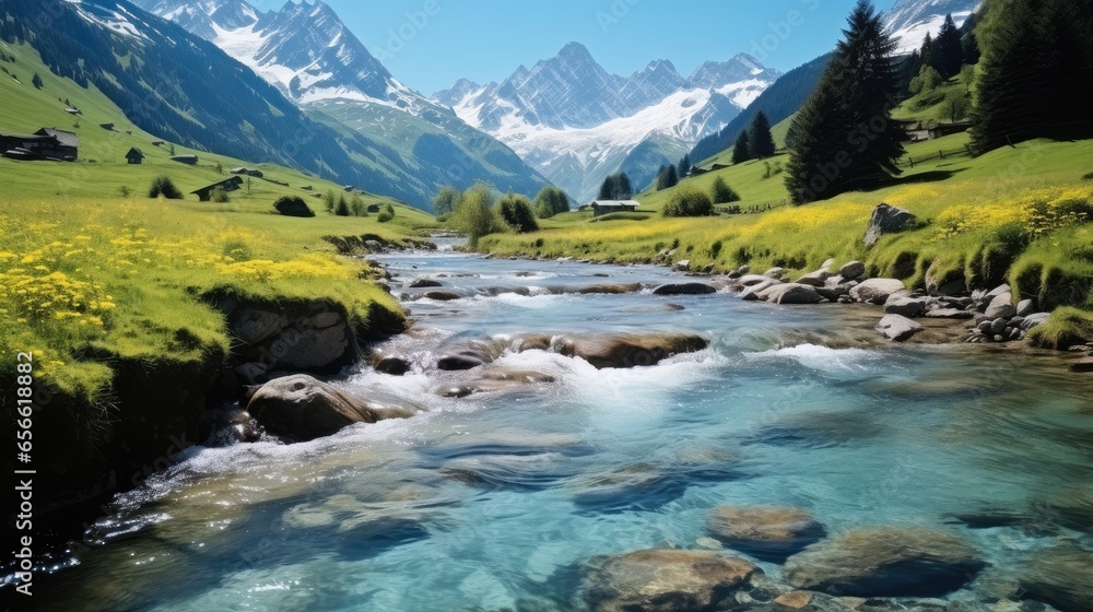 Beautiful day and river in the alps, View on mountain.