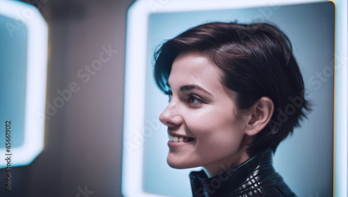 primo piano testa di giovane donna sorridente vista di profilo su sfondo moderno e futuristico