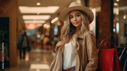 a cute beautiful girl with packages in a shopping center