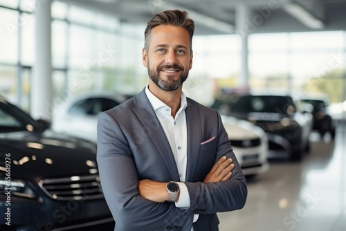 Portrait of confident smiling consultant in car salon. Car dealer in showroom © Lazy_Bear
