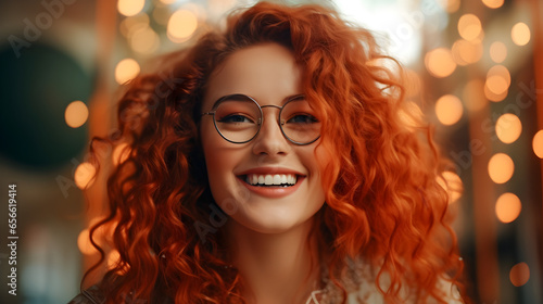 Realistic close-up portrait of cheerful curly giner woman in glasses photo