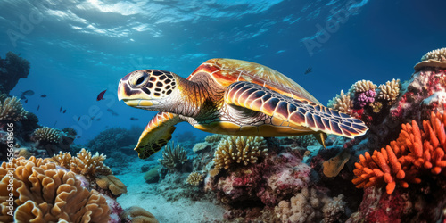 A large sea turtle sitting on a coral reef in the Red Sea. © Sasint