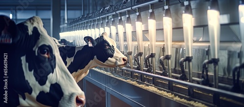 Vászonkép Using automatic industrial milking rotary system to milk cows in modern dairy fa
