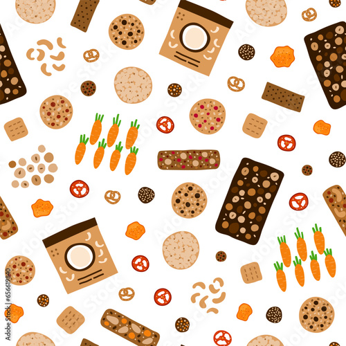 Seamless pattern with healthy snacks.