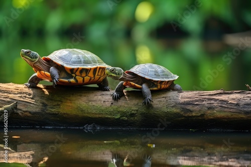 Obraz na plátně two turtles sitting on a log (generative AI)