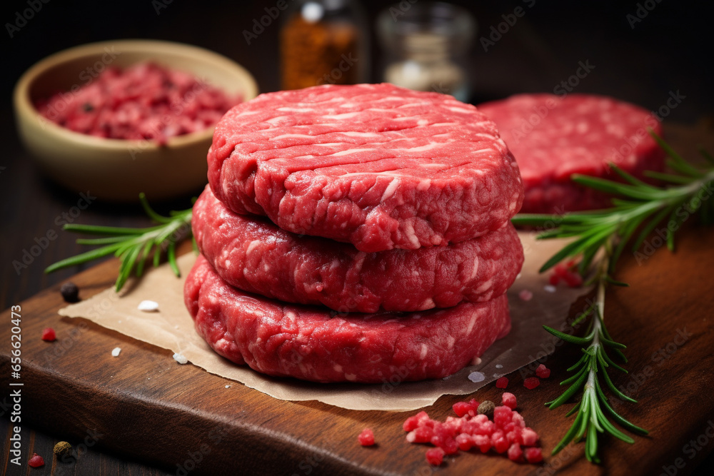 Raw meat hamburgers, ground beef patties. Raw meat hamburgers, ground beef patties.