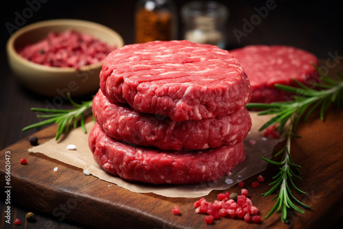 Raw meat hamburgers, ground  beef patties.