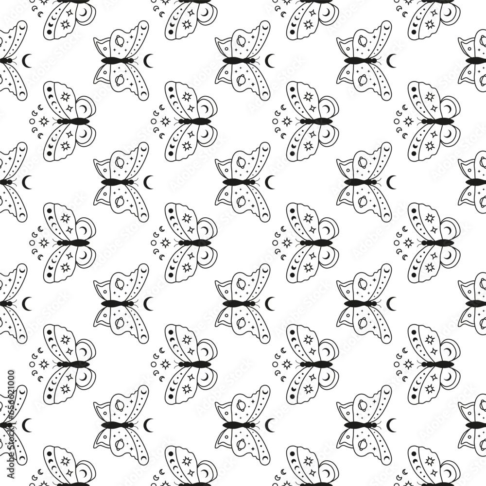 Seamless pattern with moon phases, outline butterflies and stars. Seamless pattern with moon phases, outline butterflies and stars.