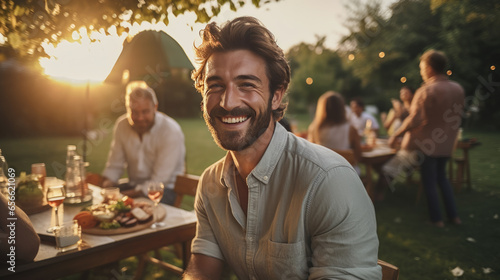 Portrait of young smiling man during picnic party with his friends