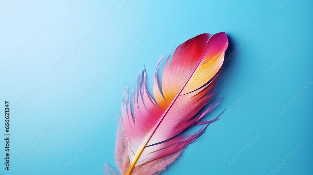 Colorful bird feather on blue background. Copy space for text. Colorful bird feather on blue background. Copy space for text.