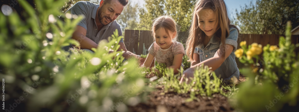 Family with children are gardening by caring for plants in their backyard - obrazy, fototapety, plakaty 