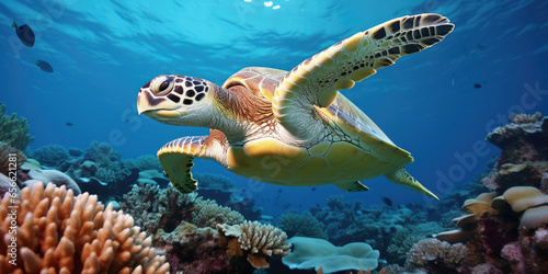 A large sea turtle sitting on a coral reef in the Red Sea. photo