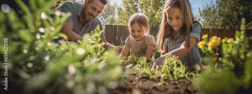 Family with children are gardening by caring for plants in their backyard photo