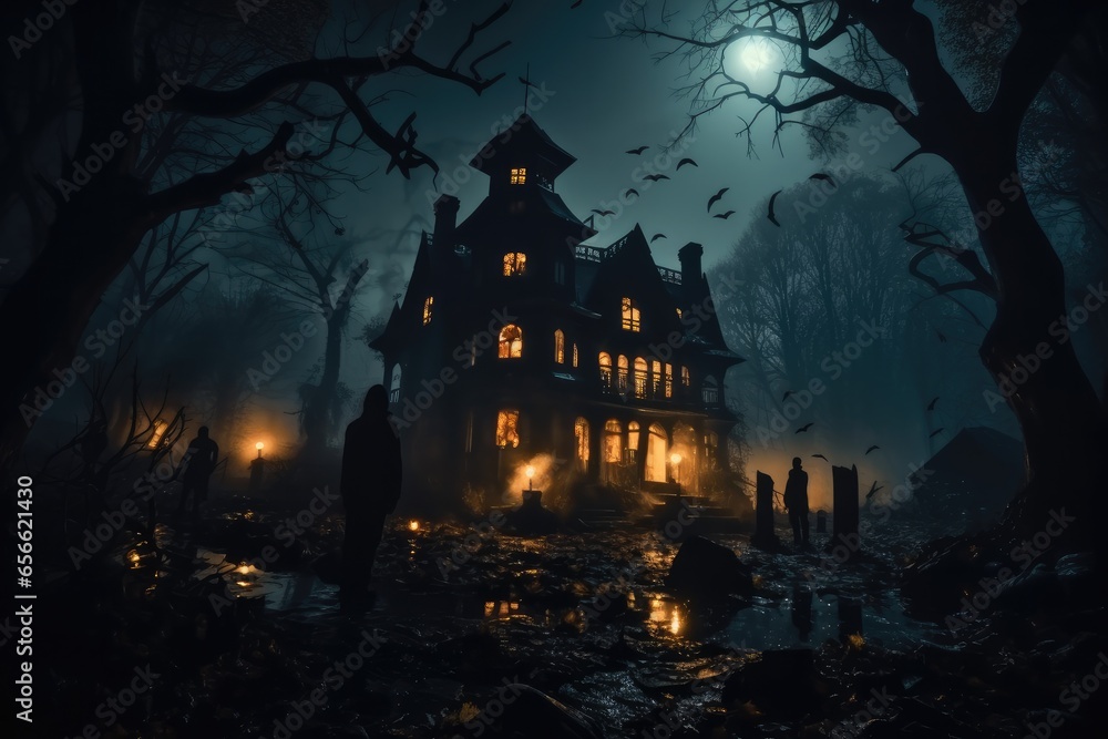 Halloween, Shadowy figures and ghosts dancing around an eerie old villa surrounded by gloomy night.
