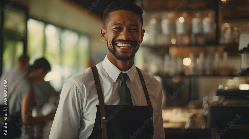 Obraz premium Cafe Culture Captured: Indian Barista in Bright Setting