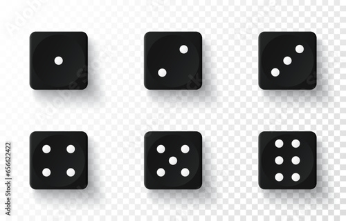 Dice game set with black cubes isolated on transparent background. Realistic gambling dices collection. Template for play in casino. White dots from one to six sign. 3d vector illustration