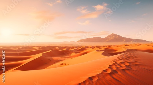 Desert panorama. Sand dunes. Sunrise. 3d render