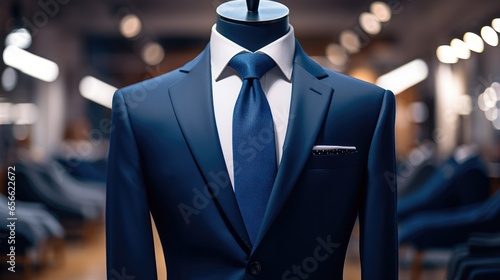 Dark blue suits on a mannequin in the atelier.