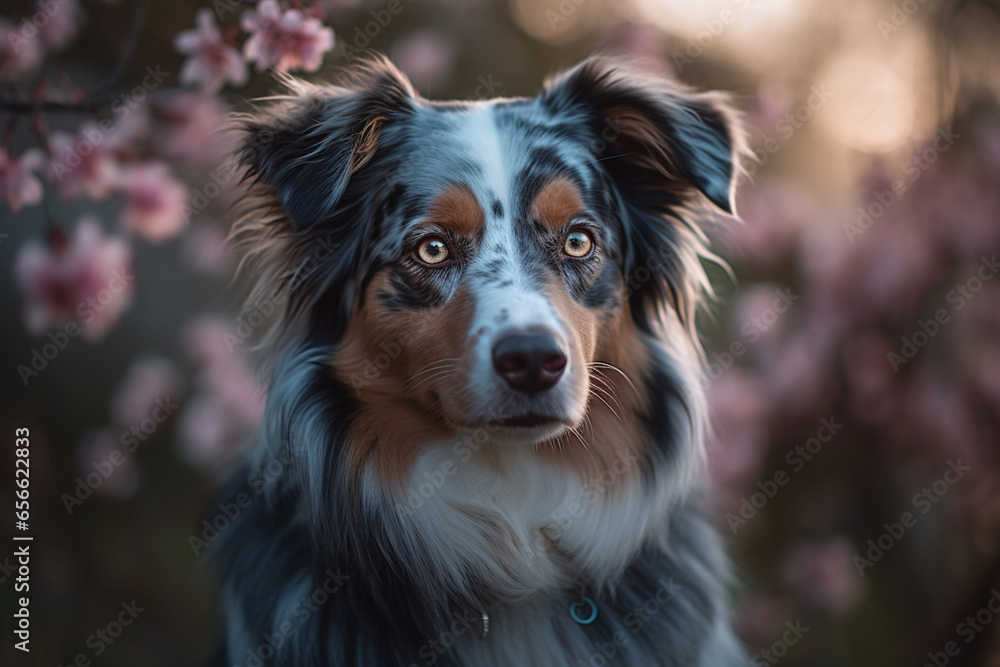 Portrait of australian shepherd dog in blooming sakura garden Portrait of australian shepherd dog in blooming sakura garden