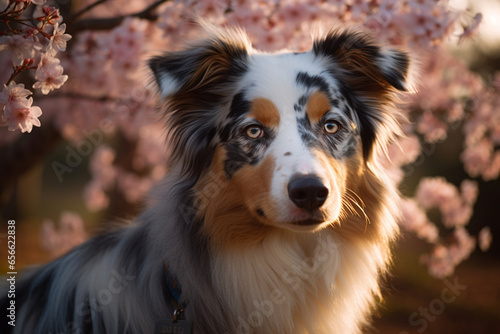 Portrait of australian shepherd dog in blooming sakura garden