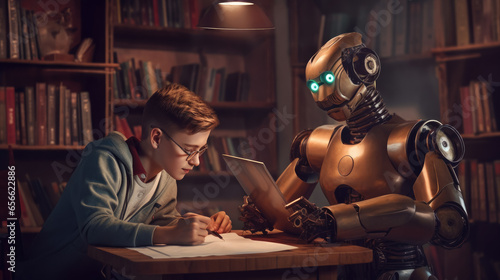 An artificial intelligence robot helps a teenager with homework, they read books together.