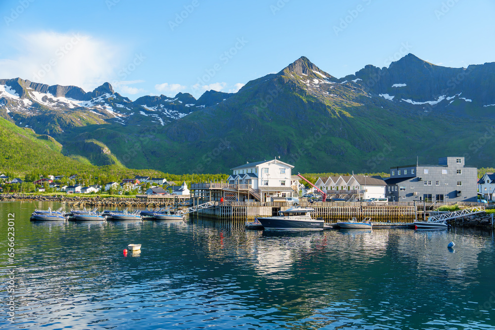 Fishing base in village Mefjordvaer, island Senja, Norway, Mefjord Brygge. Fishing village in summer day