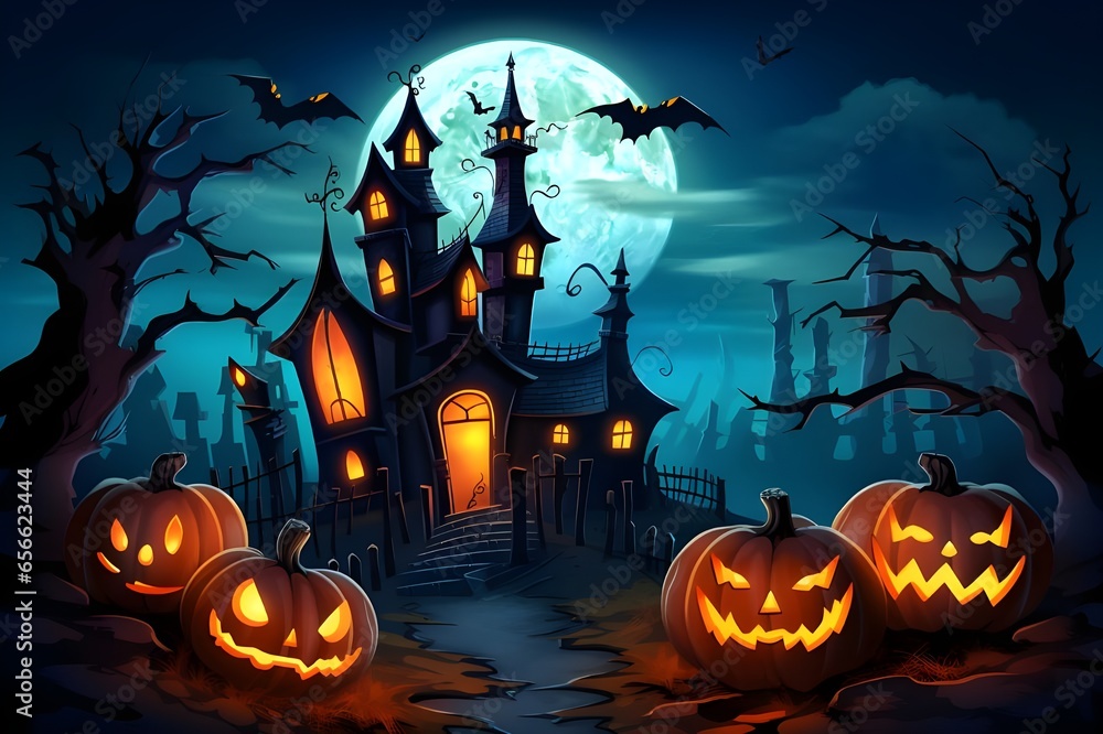 Halloween themed witch castle in halloween day dark night cartoon background with pumpkins, bats, full moon and witches