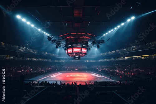 Boxing fight ring, boxing arena for intended for MMA matches, Sport arena with shining spotlights.