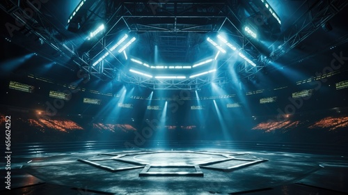 An boxing arena for intended for MMA matches, A stadium featuring a mesh floor and powerful spotlights.