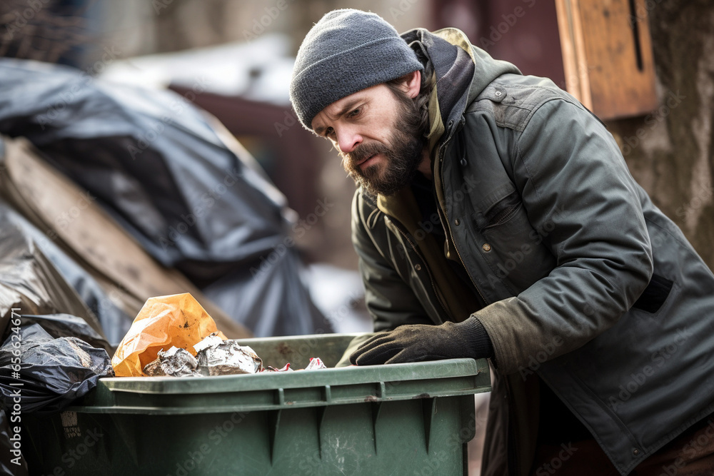 Fotografia A homeless man is looking for food and rummaging through a trash can, serperm73 - Kup na Posters.pl