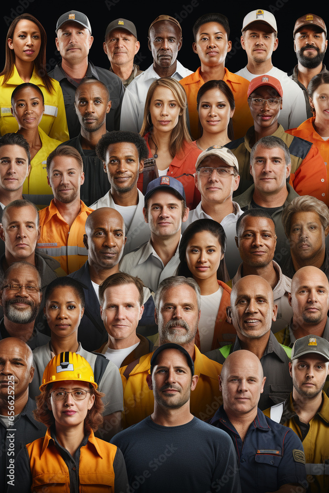 A collage of people, portraits of workers in work uniforms. AI generated.