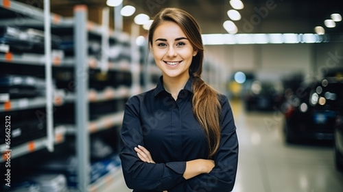 Young beautiful woman employee of auto parts store. Looks into the camera. photo