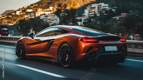 Sports car seen from the side driving really fast on road.