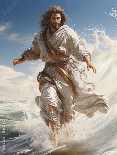 Jesus Christ walks on the surface of the water. AI