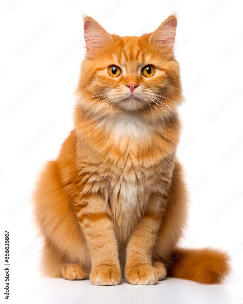 Fototapeta premium Adorable Cat Isolated on White Background. Attentive Brown Cat with Beautiful Colours and Big Appearance