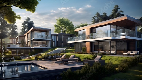Modern house with pool and garden. Panoramic view of modern house with pool and garden.