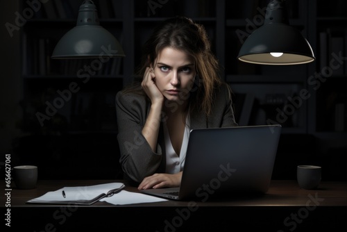 Brooding Woman at Work: Young Employee Using Laptop in Office